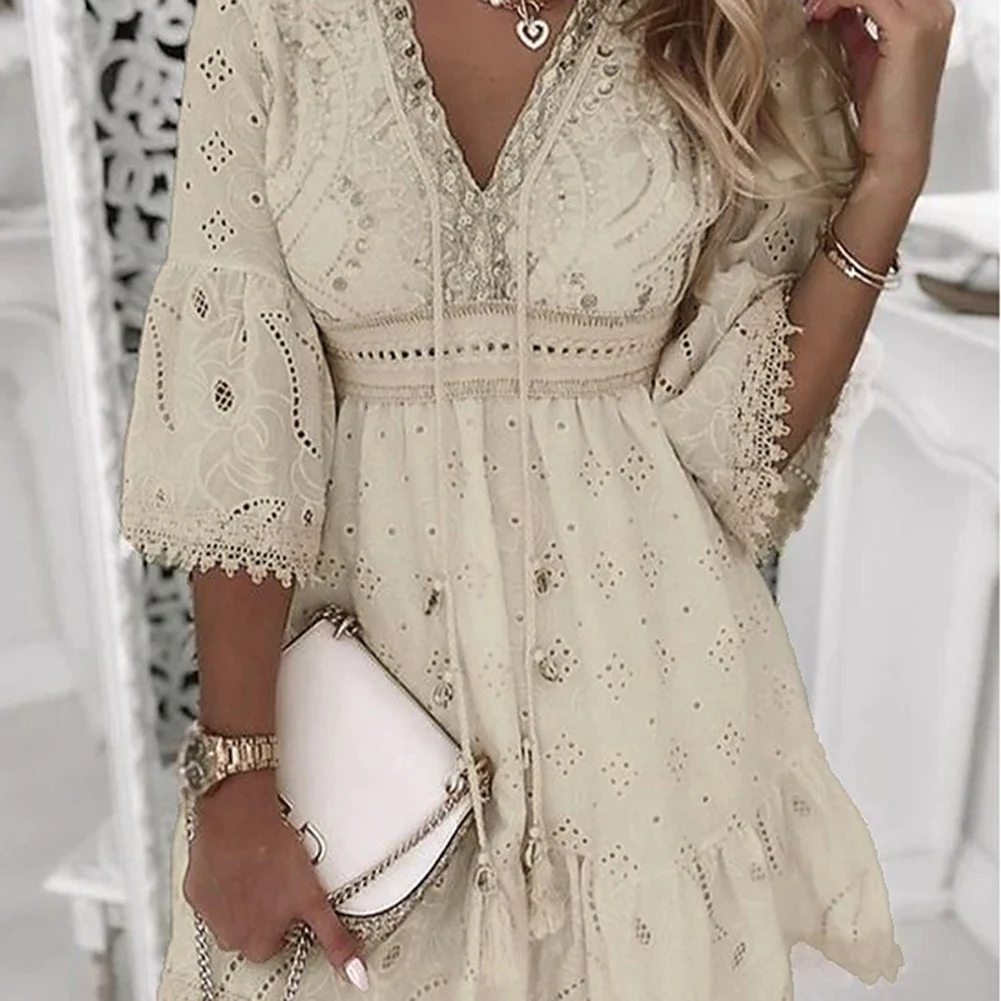ボディコン女性ドレスビーチデイリーホリデーVネックホワイト通気性カジュアル快適エレガントフリンジ軽量