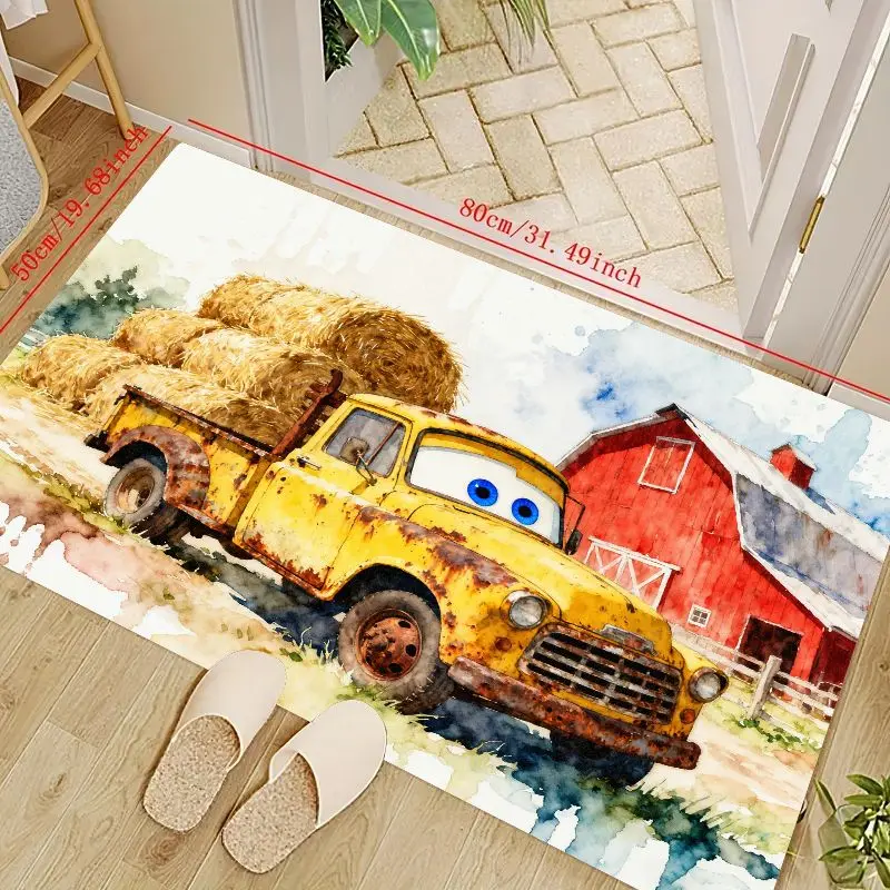 

1 шт., акварельный фермерский дом, деревенский желтый пикап с мультяшными глазами и тюками сена, нескользящий коврик для сельской местности, красная сцена сарая