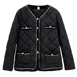 Plus Size Women's Warm Parka Autumn And Winter 100KG Fashion Collarless Chic Argyle Thin Cotton-padded Coat