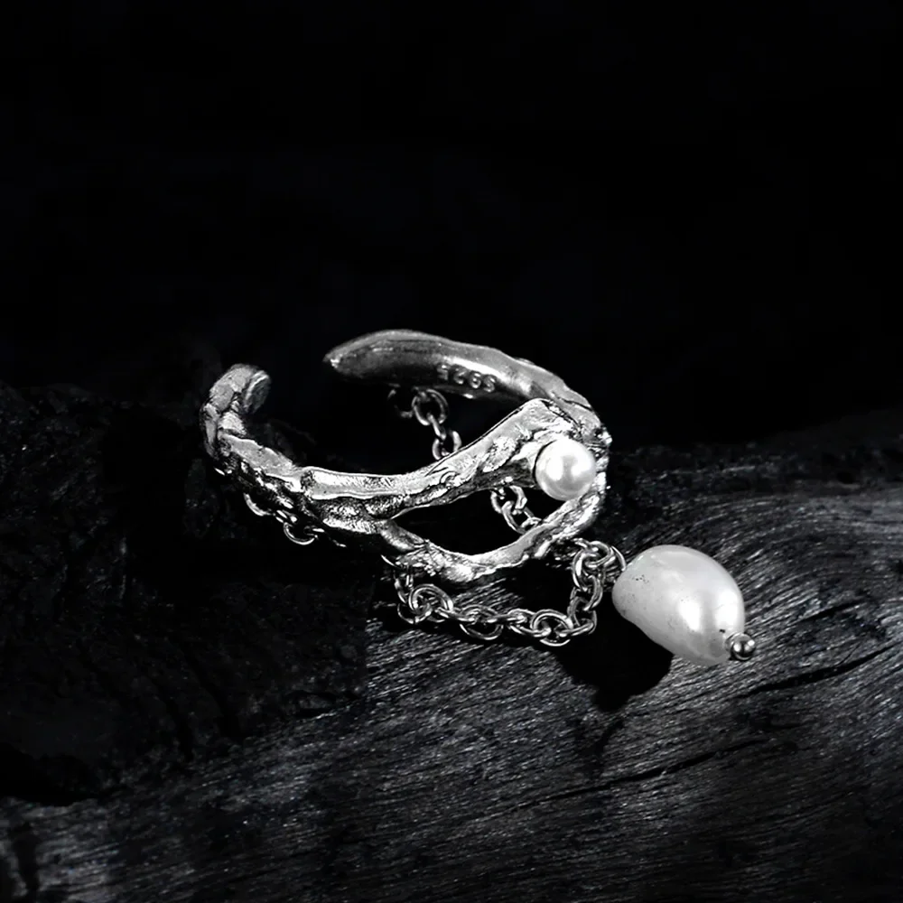 Ables Chic Chained Pearl Irregular Solid 925 Silver Ring Rugged Pattern Party Halloween Open Rings R1220