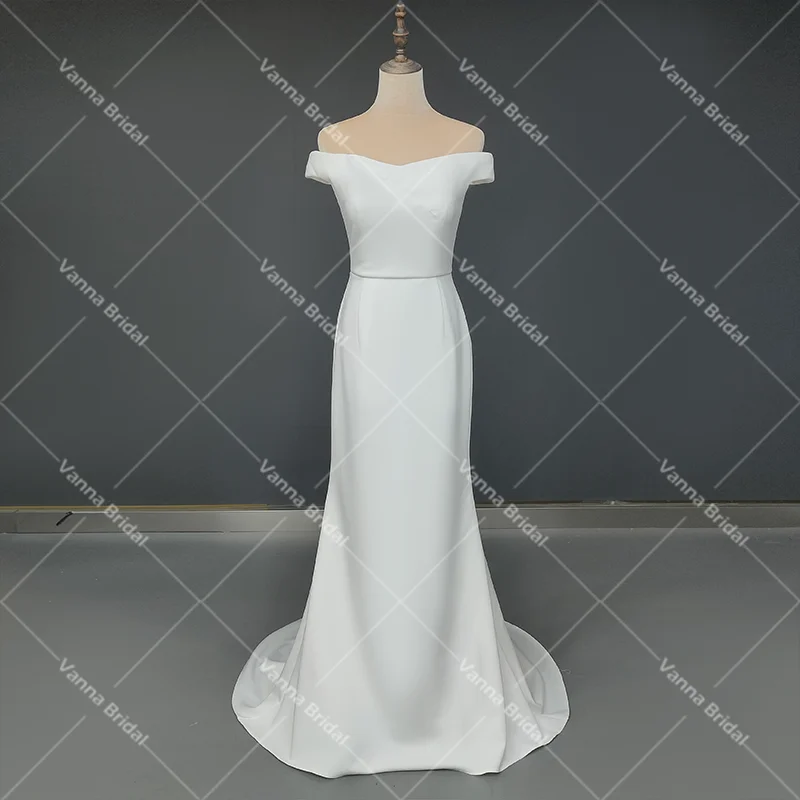 Off Shoulder Sheath Crepe suknia ślubna prosta elegancka Custom Made Plus rozmiar Sweep Train minimalne kości słoniowej rozciągliwe suknie ślubne