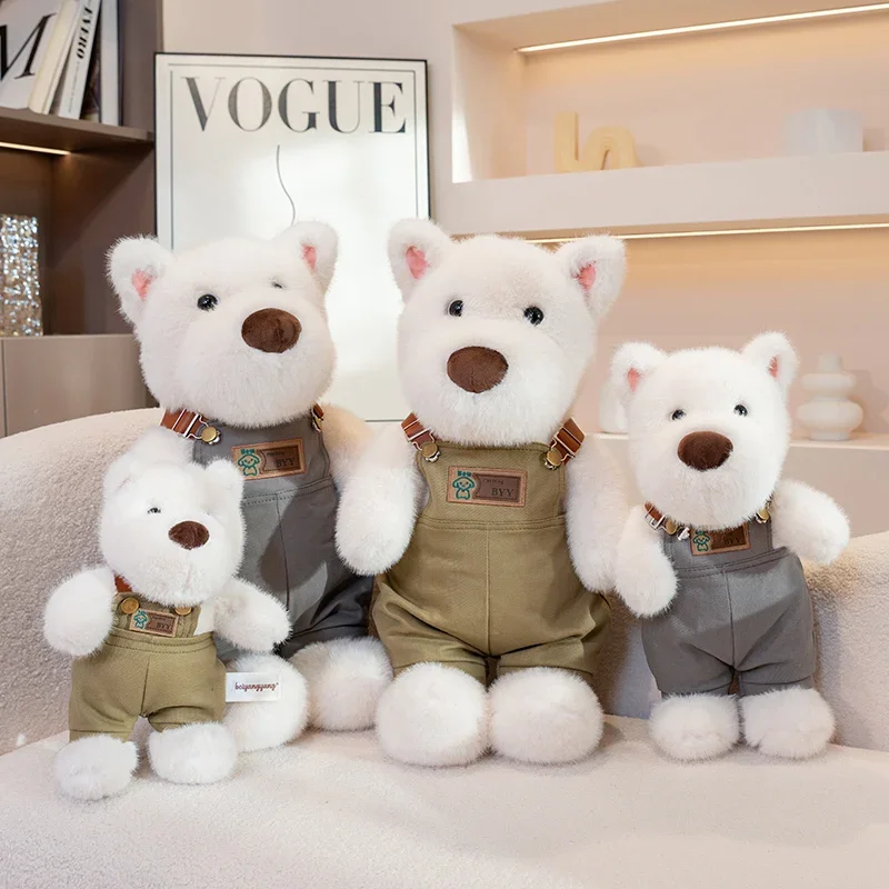 

New Delicate Pretty Handmade West Highland Terrier Plush Toys Fluffy Lovely Cowboy Doggy Doll Wearing Overalls Cool Gift