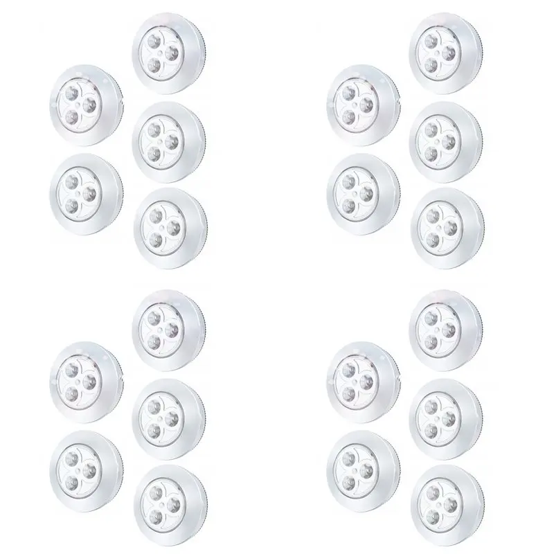 【EFFICIENT 】20 Pack LED Battery-Powered Wireless Night Tap Press Lamp Stick-On Push Safe Lights For Hallway Kitchen Bedroom Silv
