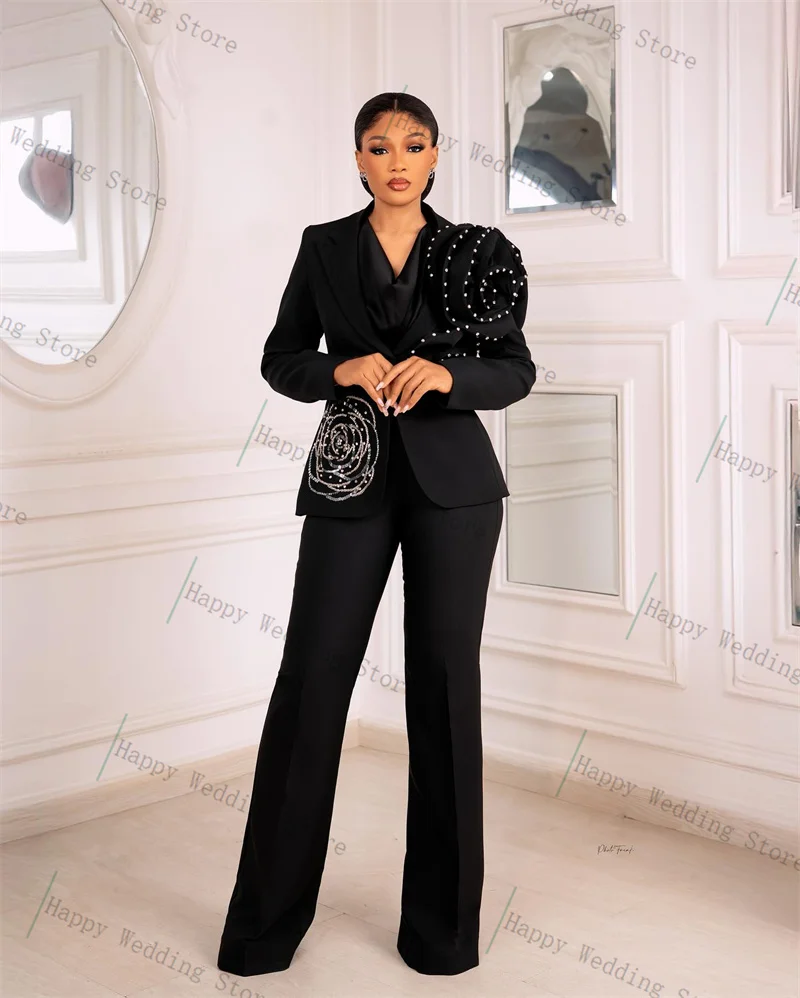 

Black Women Suit Set 2 Piece Blazer+Pants Trousers 3D Flower Pearls Cotton Formal Office Lady Jacket Customized Wedding Coat