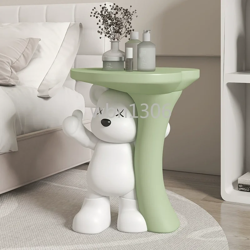 

Side few living room large floor-to-ceiling ornaments, coffee table next to sofa, bedside decorations, big white bear