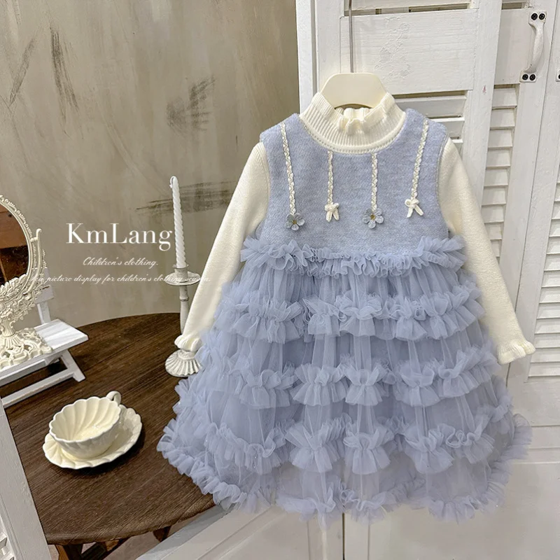 

Girls' Dress2025Autumn and Winter Dress Stylish Girl Fleece-Lined Vest Dress Mesh Puffy Dress Birthday Cake Dress