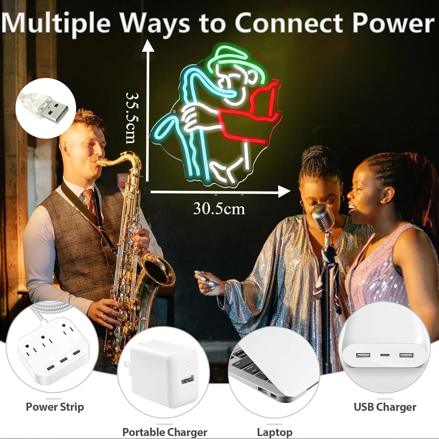 Musician Man with Saxophone Neon Sign LED Neon Light USB Dimmable for Studio Club Home Event Storefront Decor Gift for Friend