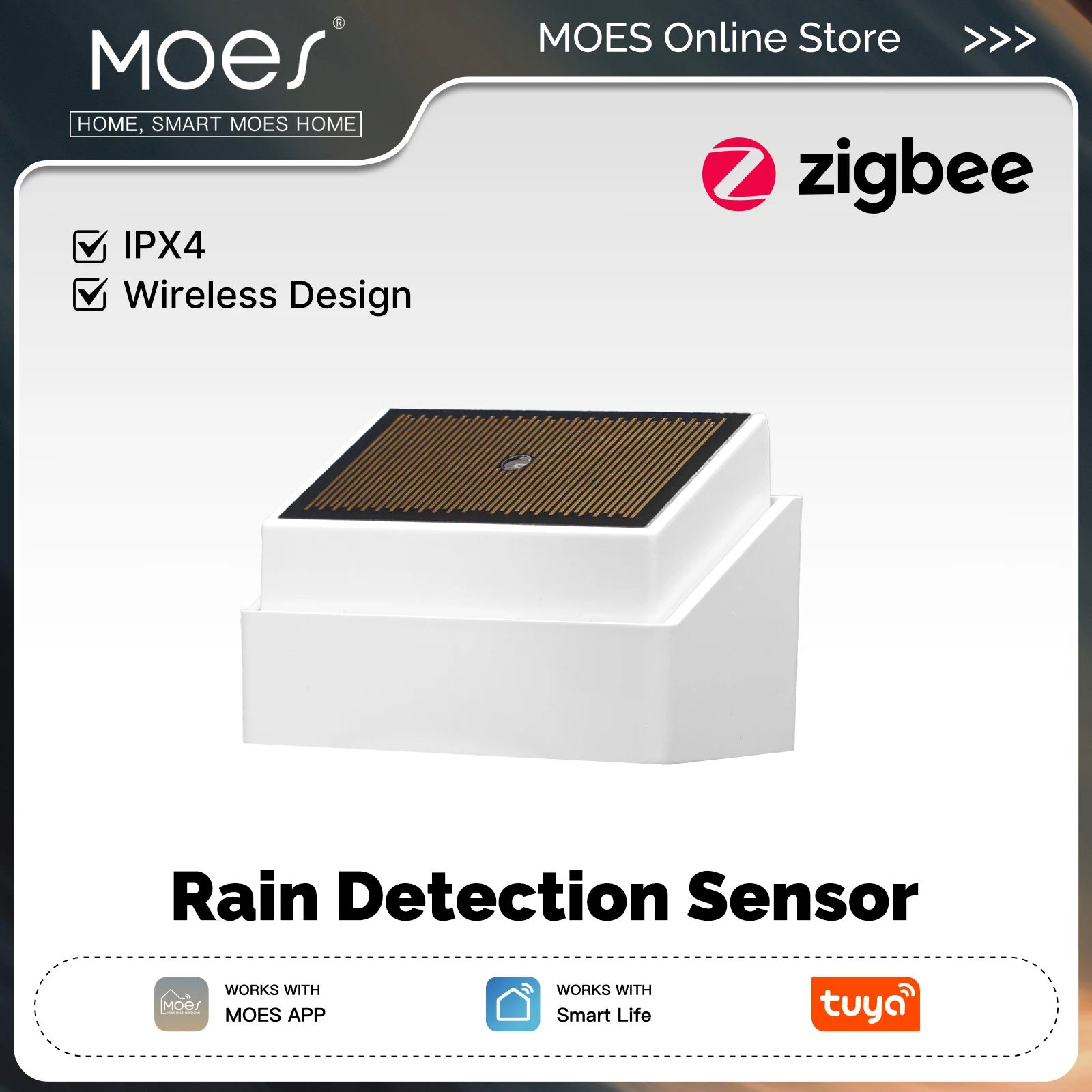 

MOES Tuya ZigBee Smart Rain Detection Sensor Water Leakage Flood Detector Wireless IPX4 Waterproof Outdoor Use Battery Powered