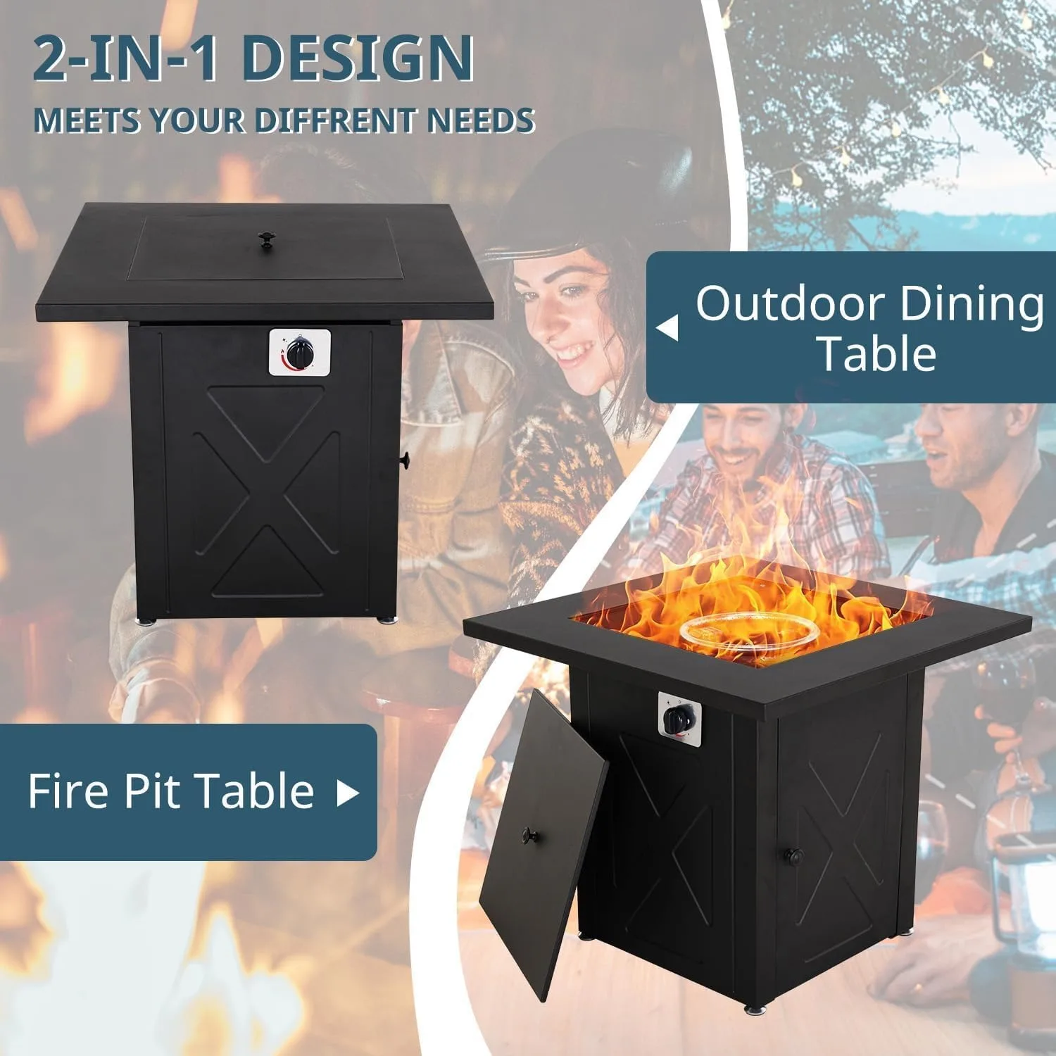 Propane Fire Pit Table Outdoor Gas Fire Pits Clearance 28 Inch 50000 BTU with Tabletop Lid, Lava Rocks for Outside Patio, Garden