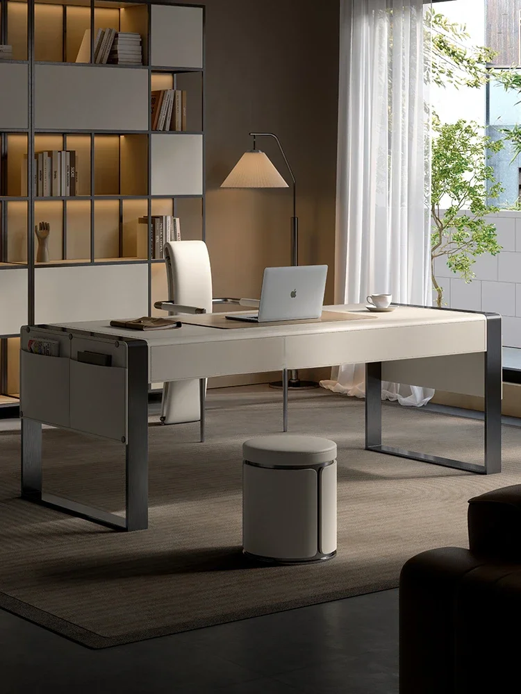 Saddle Leather Desk Home Study and Bedroom Writing Desk Computer Desk