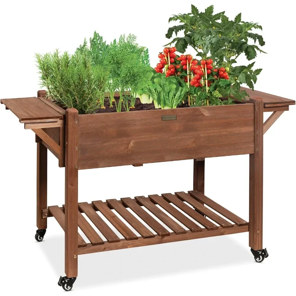 

Retro 57x20x33in Mobile Raised Garden Bed w/Folding Side Tables, Locking Elevated Wood Planter Box Stand for Backyard, Patio