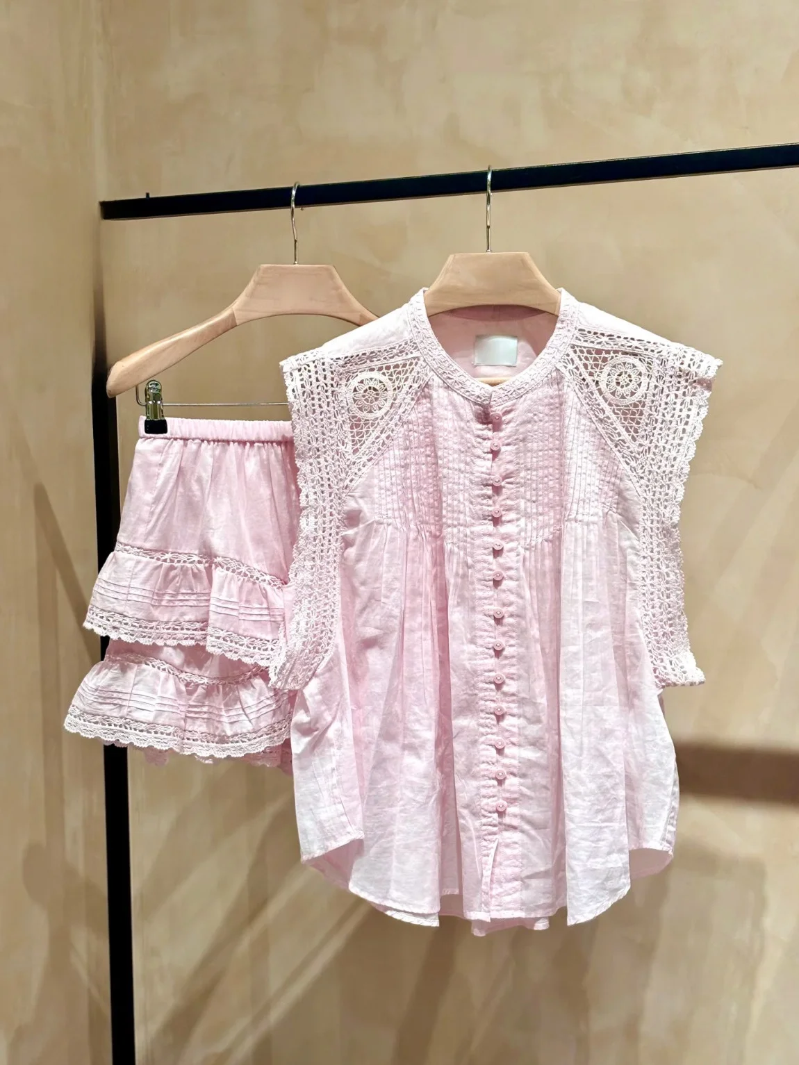 

Sweet Peach Pink Shirt Short Skirt Set HEIDD IS2025 Summer Anti-Aging Fashionable Cotton French Style Women's Suit