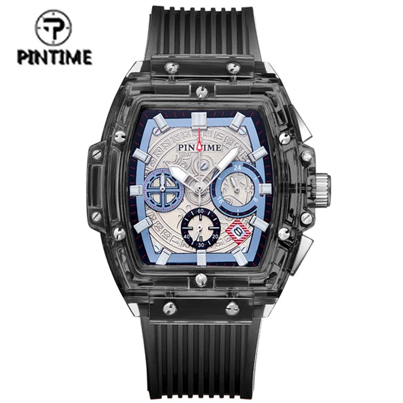 PINTIME Quartz Watch Men Luxury Chronograph Hip Hop Watches Military Man Silicone Wrist Watch Clock Male zegarek meski montre