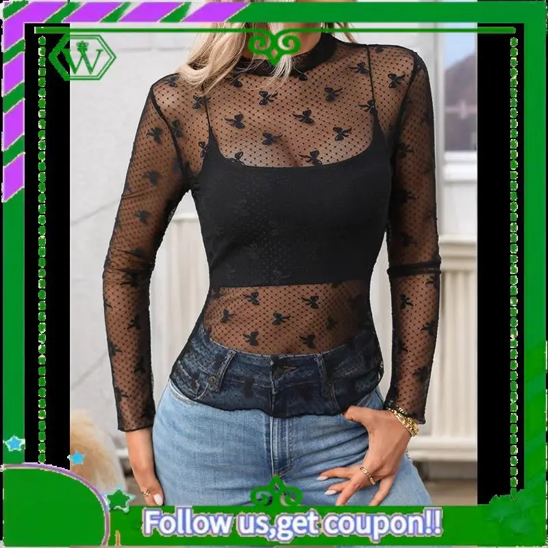 

A18P-Womens Long Sleeve Mesh Top See Through Mock Neck Sheer Blouses