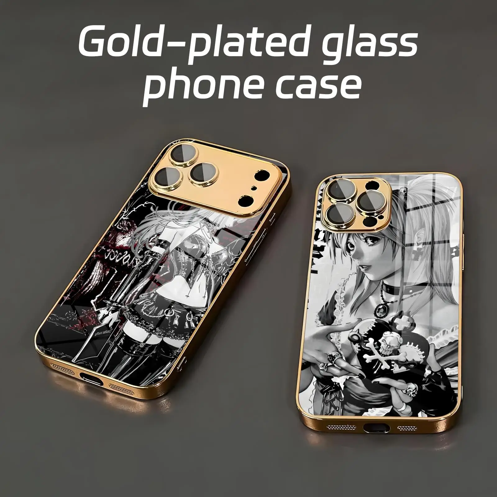 Coque de téléphone en verre électroplaqué pour iPhone 17, 16, 16e, 15, 14, 13, 12 Plus, Mini, Pro, Max – Anime Death Note Japonais