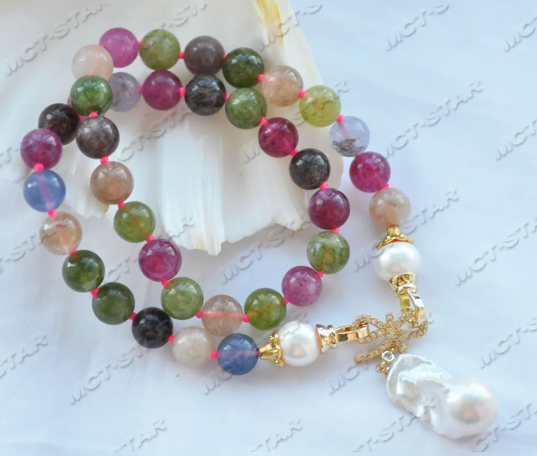 

Z11829 19'' 25mm Multicolor Jade Necklace White Keshi Pearl Pendant Bowknot CZ