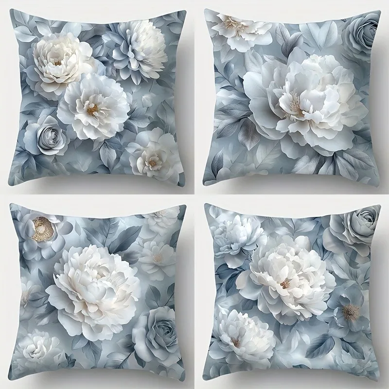 Short plush material pillowcaseFloral Pillowcase: White & Gray Blooms ,Sofa bedroom cushion cover, single-sided printing, withou