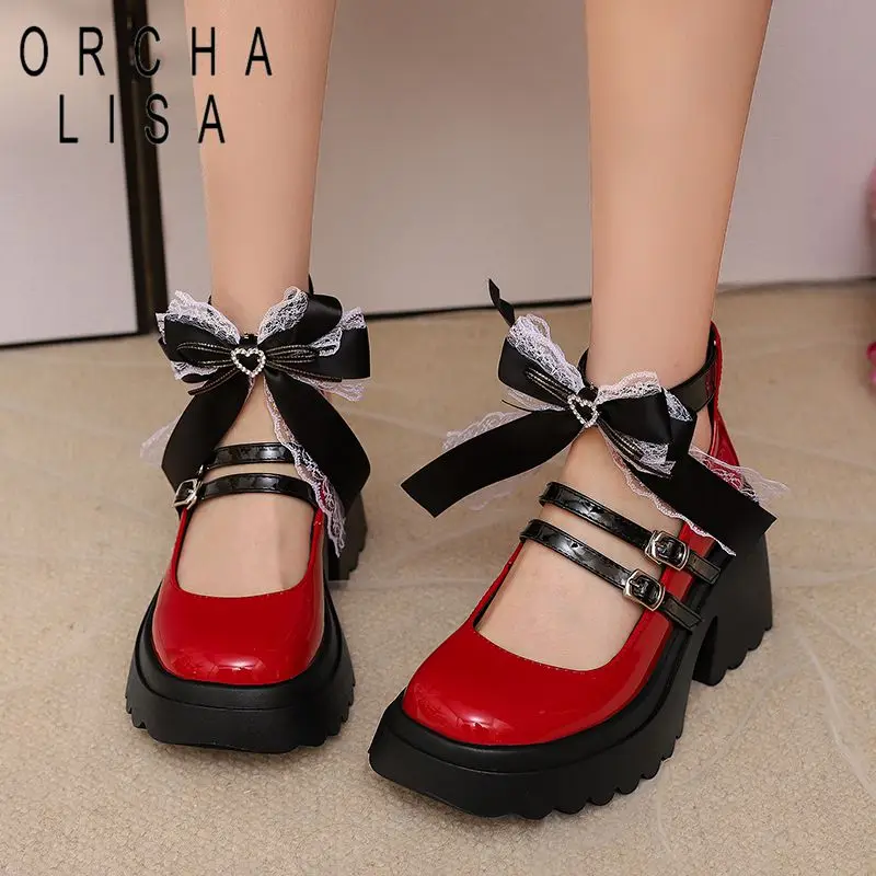 

ORCHALISA Женские туфли-лодочки в стиле Hot Lolita с круглым носком, на толстом каблуке 8 см, с молнией и пряжками, блестящие, в стиле Мэри Джейн, для милых девушек