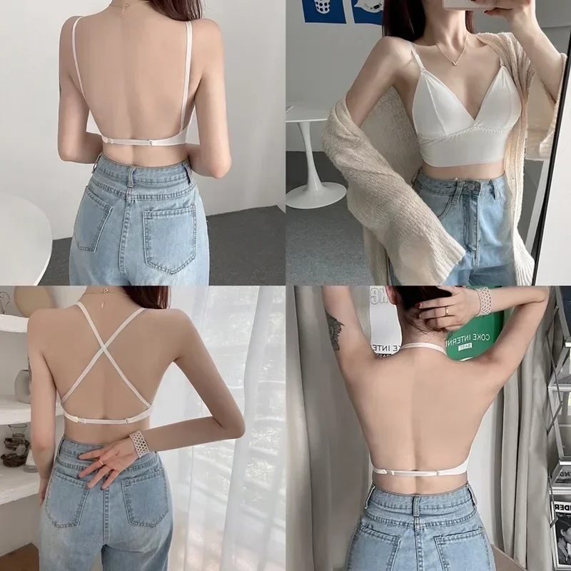 Sexy Backless Bra Women Deep V Tube Top Underwear Ice Silk Soft Seamless Invisible Brassiere Wire Versatile Thin Cup Bralette