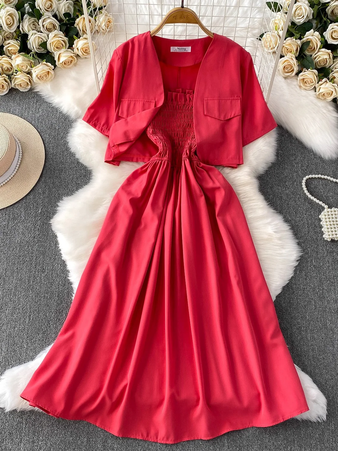 

Summer Vintage Women Two Piece Set Elegant Short Cardigan Tops + Spaghetti Strap Midi Dress Suit 2Pcs Female New Fashion 2025