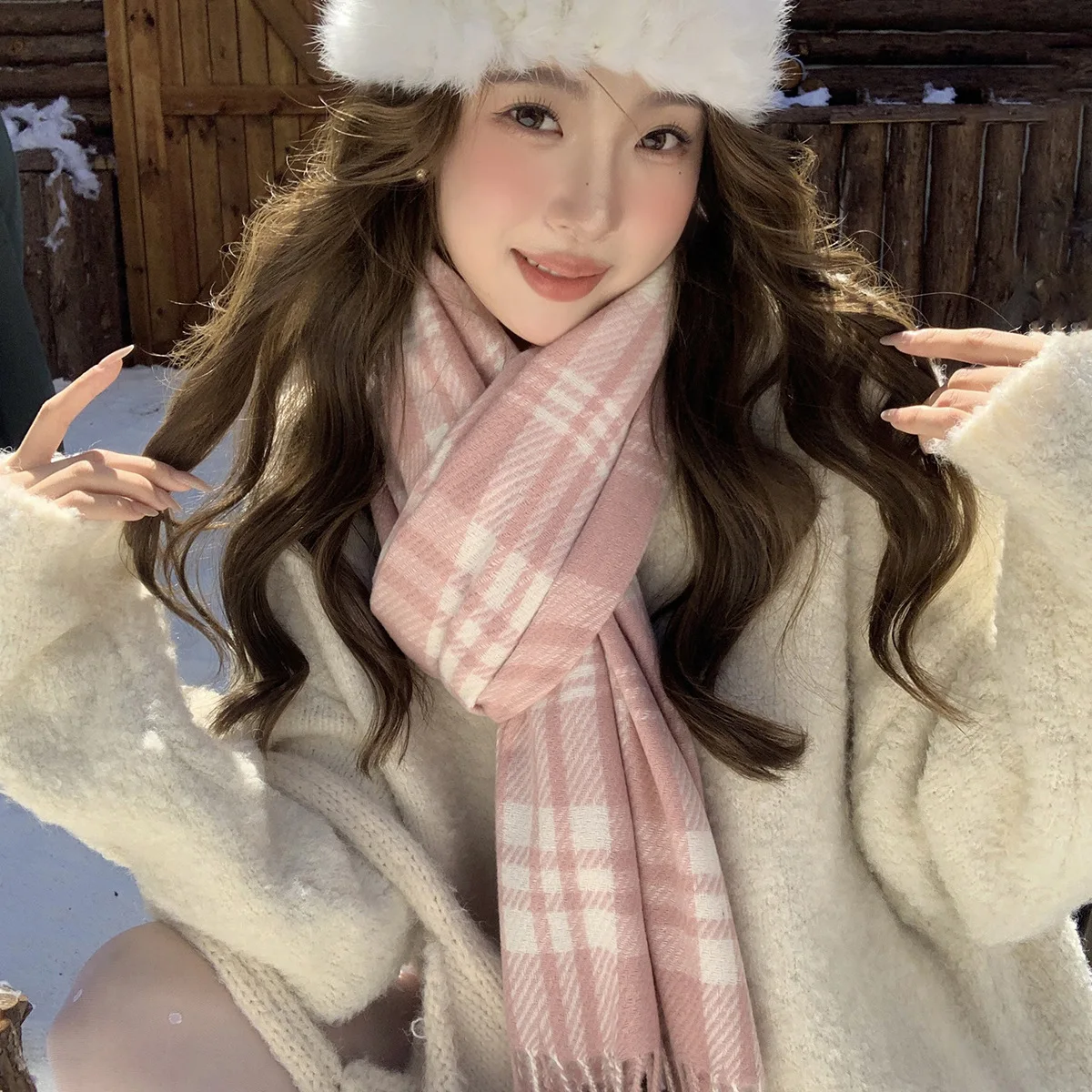 

New Korean Style Imitation Cashmere Shawl Autumn Winter Plaid Versatile Student Scarf Elegant Plaid Korean Style Tassel Scarf
