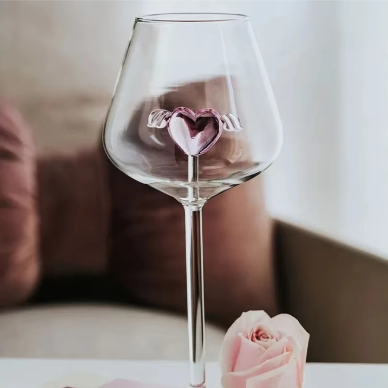 Large Capacity Creative 3D Diamond Pink Glass Rose Winged Heart Build-in Red Wine Glasses Cup Stemware Goblets Lovely