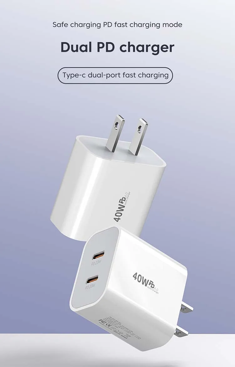40W Fast Charger Type C Dual Port PD Fast Charging Charger Adapter For iPhone 15 14 Samsung S23 Xiaomi 10A USB C To USB C Cable