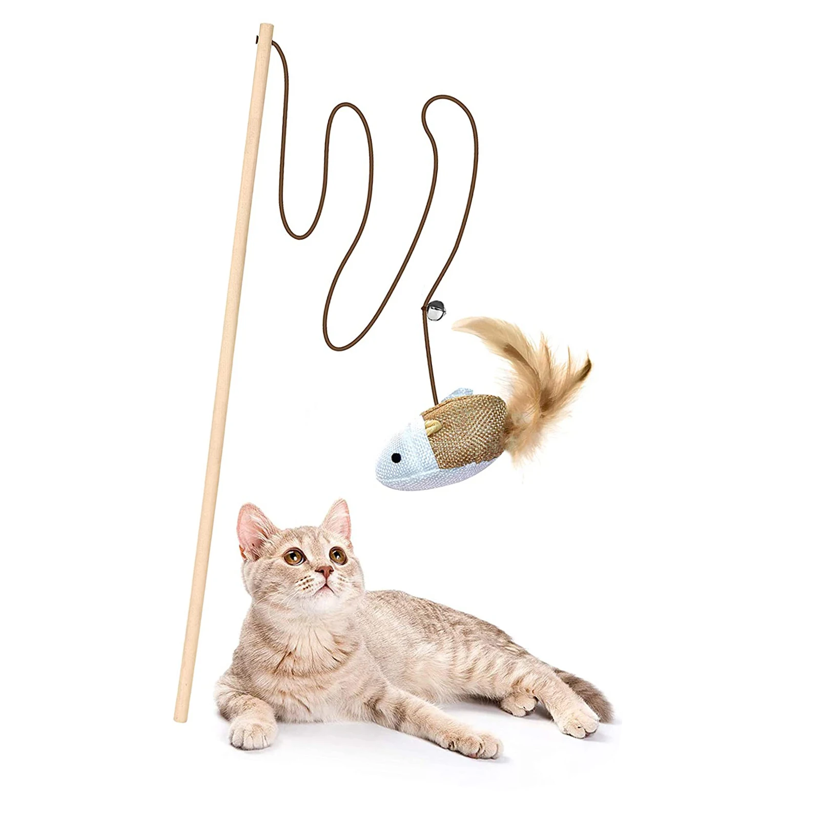 

1Pcs Natural Cat Catcher Toy 40cm Wooden Pole With Bell Elastic Pole Turkey Feather Teaser Stick Wooden Pole Linen Feather 28g