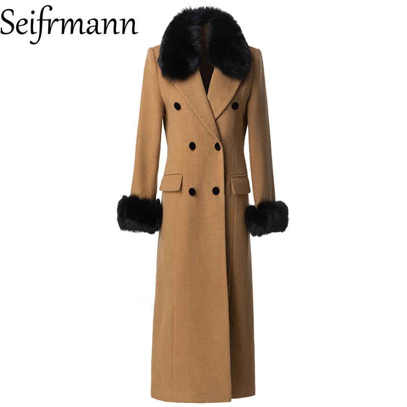 Seifrmann 2026 Spring Women's New Fashionable and Elegant Woolen Collar Long Sleeve Double breasted Coat