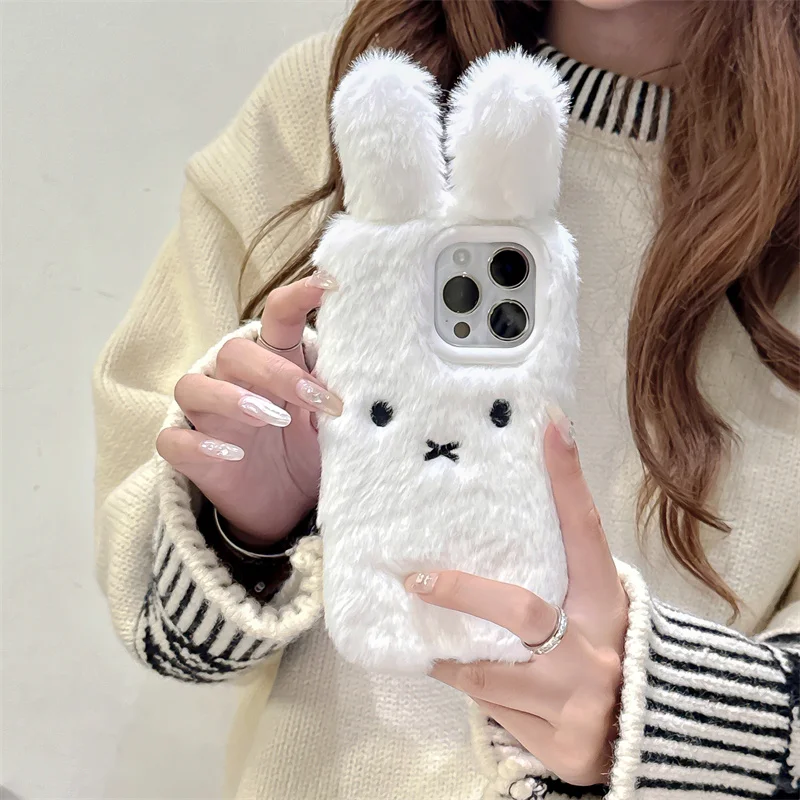 Warm Winter Plush White Rabbit Phone Case For iPhone  11 12 13 14 15 16 pro max