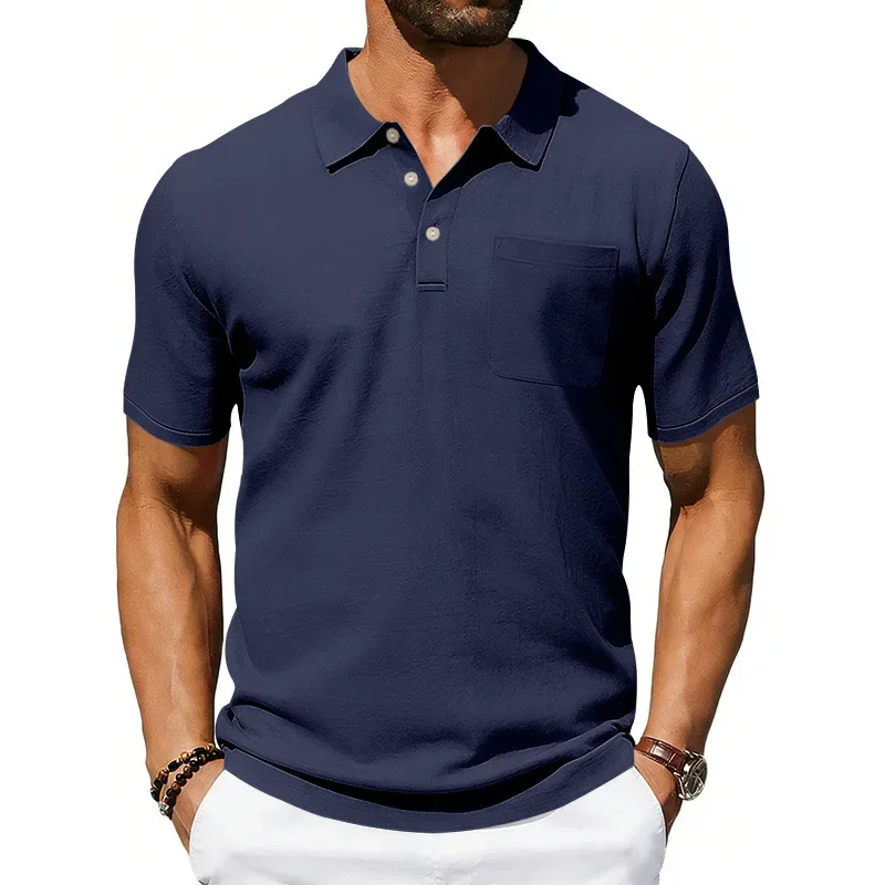 Men's Lapel Button Up Solid Color Linen Summer Casual Short Sleeve Pocket T Loose Polo Shirt Top