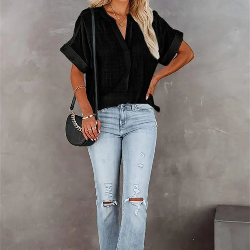 夏の女性のカジュアルシフォンブラウスヨーロピアンスタイルトップ V ネック半袖ストリートファッションプリントルーズフィットミッドレングスシャツ