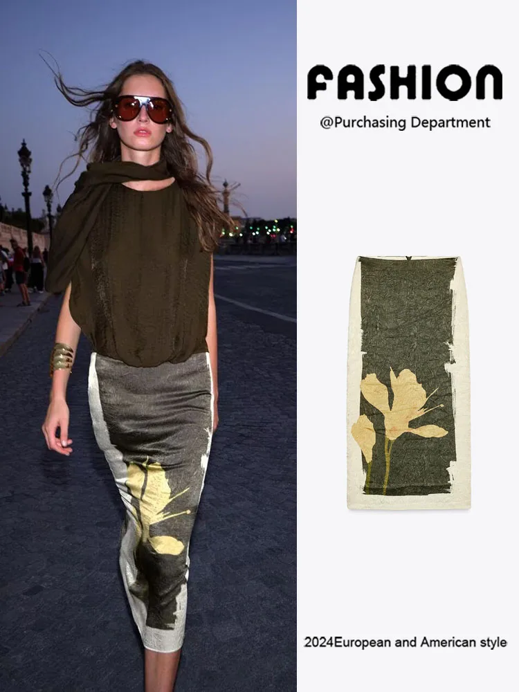 

Autumn New Arrival Women's Versatile Slimming Print Pleated Effect Midi Half Skirt Fashionable Ladies' Clothing