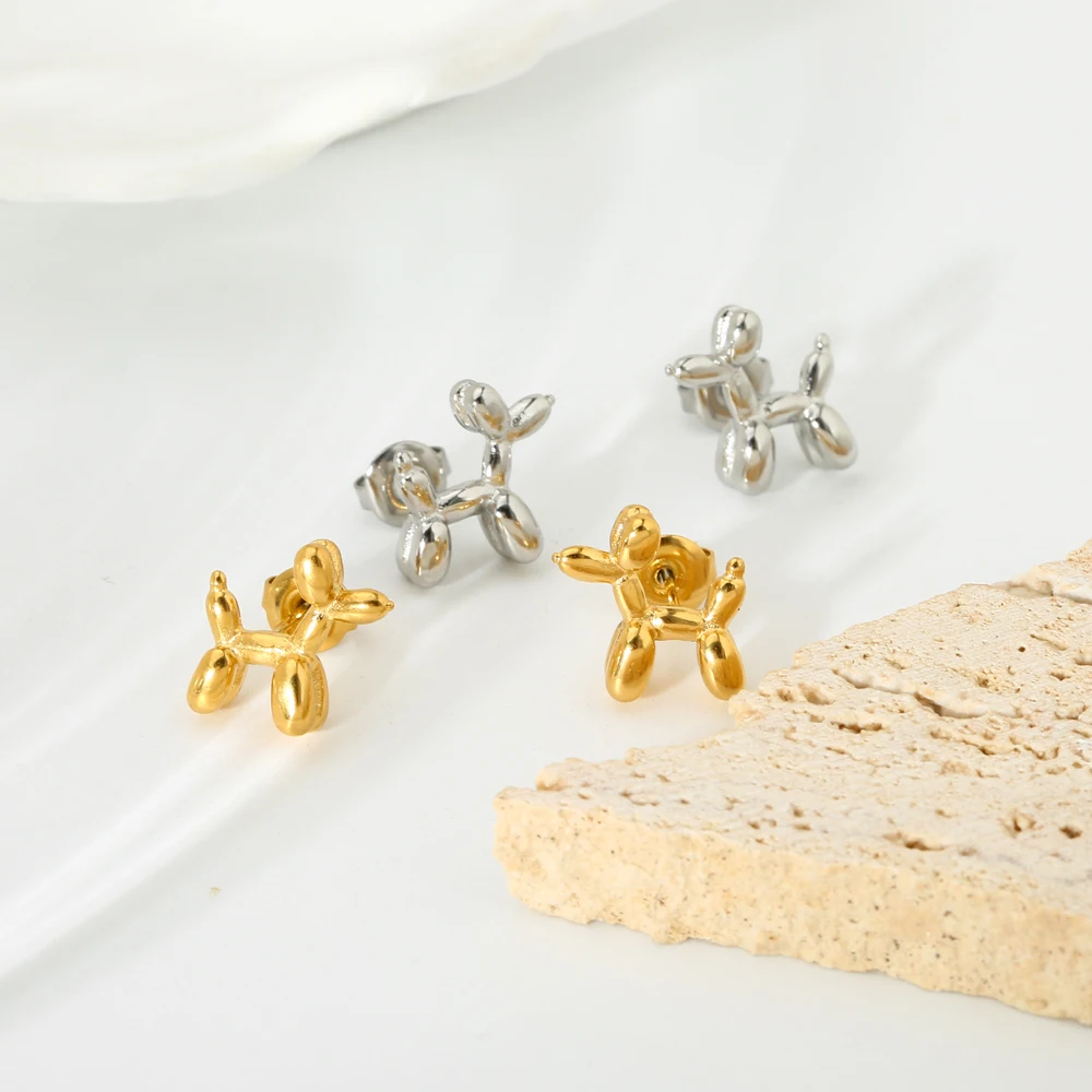 Korean Style 18K Gold Plated Stainless Steel Poodle Balloon Dog Stud Earrings for Girls Cute Dog Animal Post Earring Jewelry