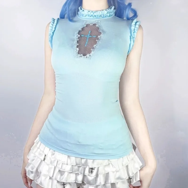 Estate Sexy Scavato Cutecore Rosa Blu Top Senza Maniche Casual T-shirt Donna Harajuku Y2K Vintage Punk Gotico Top in Cotone