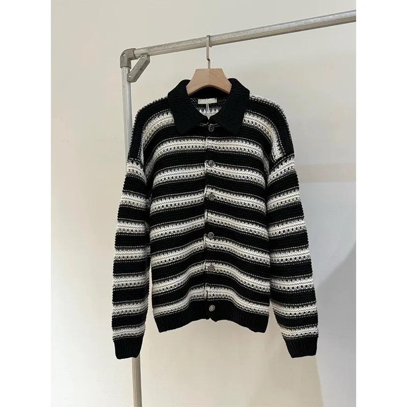 

Korean Sle Striped Knitted Open Cardigan Autumn Winter Outerwear Single Button Men Women Sweater Jaet plus Size Casual