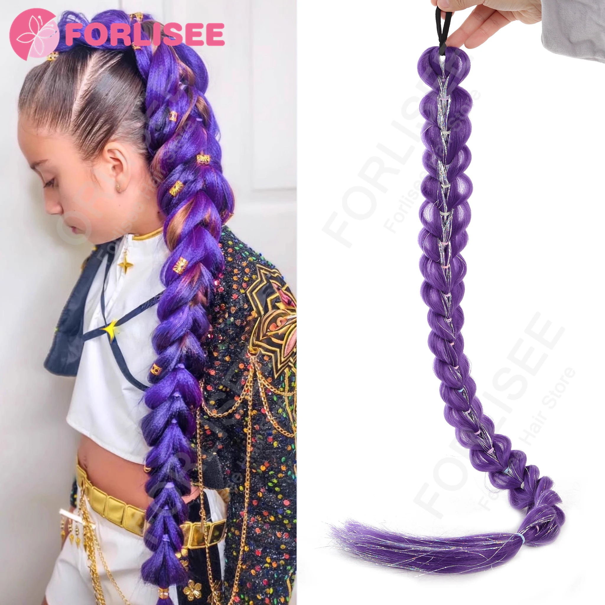 

32Inch Purple Gold Line Synthetic Hair Extension Braided Ponytail Fashionable Y2K Girl's Hair Accessory for Parties And Cosplay