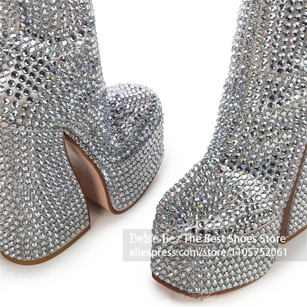 Full Rhinestone Platform Block Heel Booties Crystal Embellished Thick Sole Chunky Heel Ankle Boots Luxury Diamond Platform Boots