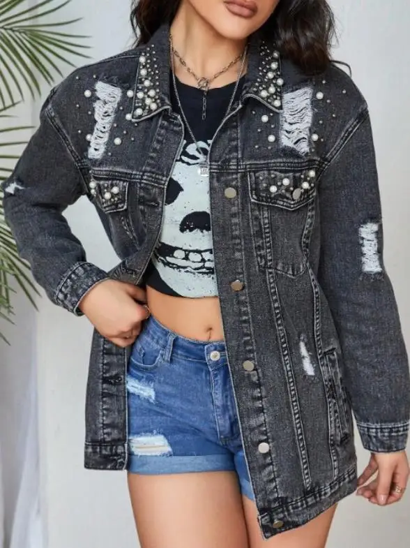 

Spring and Summer Hot Selling Women's Perforated Denim Retro Jacket Design Sense Niche Workwear Perforated Jacket for Women