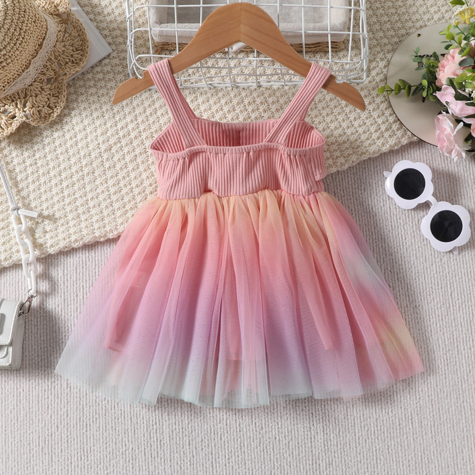 Summer Baby Girl Striped Non Sleeve Suspender with Bow Patchwork Mesh Dress Princess Formal Dresses For Children Kids Girl 3-24M