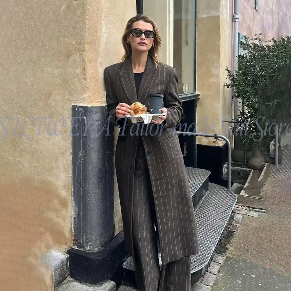Classic Stripe Suit for Women with Peak Lapel Single Breasted Dinner Jacket Pants Elegant 2 Piece Long Coat for Wedding/Business