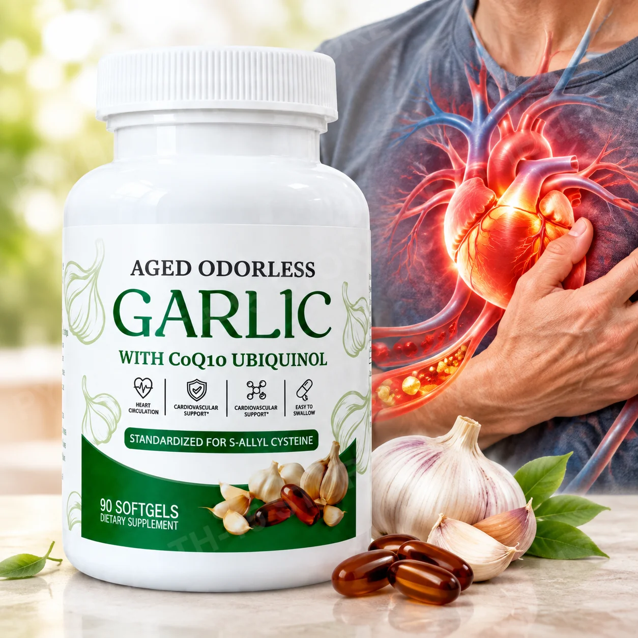 Aged Odorless Garlic Softgels Heart Health & Blood Vessel Function with Garlic Extract 600mg CoQ10 Ubiquinol 50mg 90 Softgels