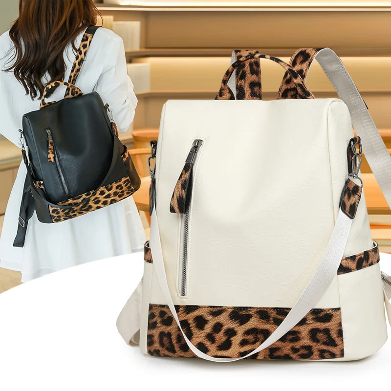 حقيبة ظهر نسائية مقاومة للماء من جلد البولي يوريثان بطباعة الفهد بألوان متباينة حقيبة نسائية متعددة الأغراض للسفر بكتف واحد #2