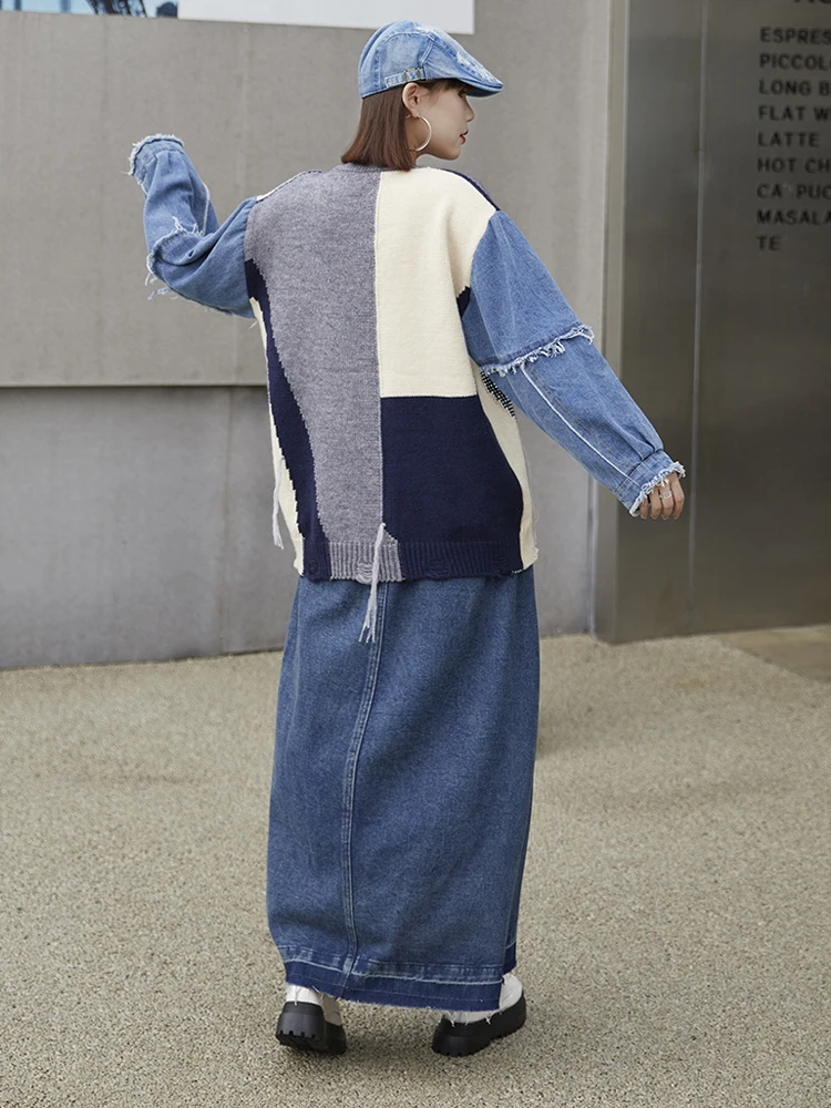 NYFS 2023 Autumn New Street Style Woman Sweater Casual Pullover Loose Plus Size Patchwork Denim Long Sleeve Tops