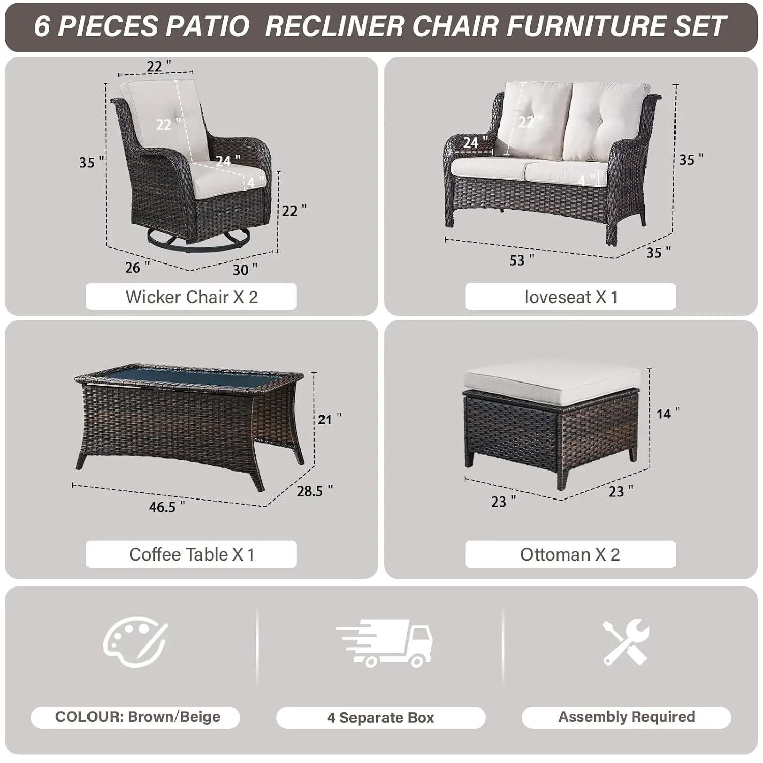 6-Piece Wicker Patio Set Swivel Rocker Chairs & Ottomans Loveseat All Weather Pool Yard Sunroom Brown Beige, Customized