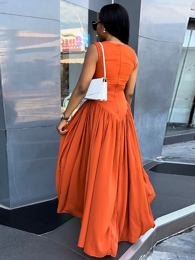 CHICEVER Orange Pleated Dresses For Women O Neck Sleeveless Hollow Out High Waist Patchwork Zipper Sexy Dress Female Clothes New