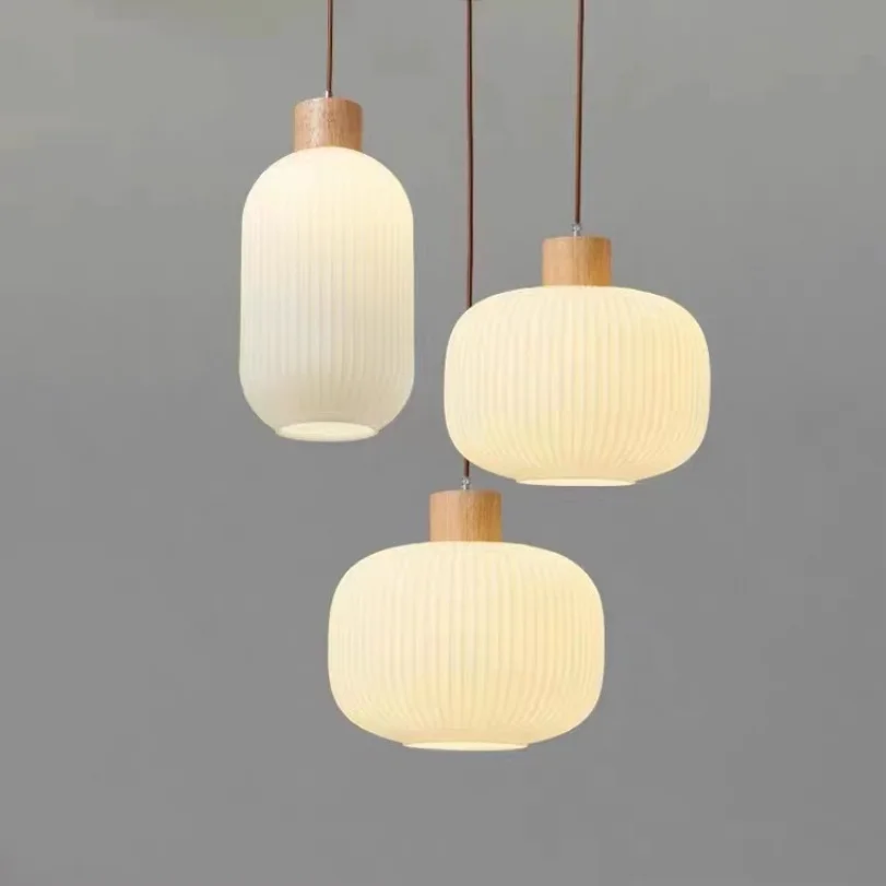 Japaness Wood Glass Pendant Lights for Restaurant Cafe Home Indoor Bedroom Bedside White Decoration Modern Hanging Lamp Indoor