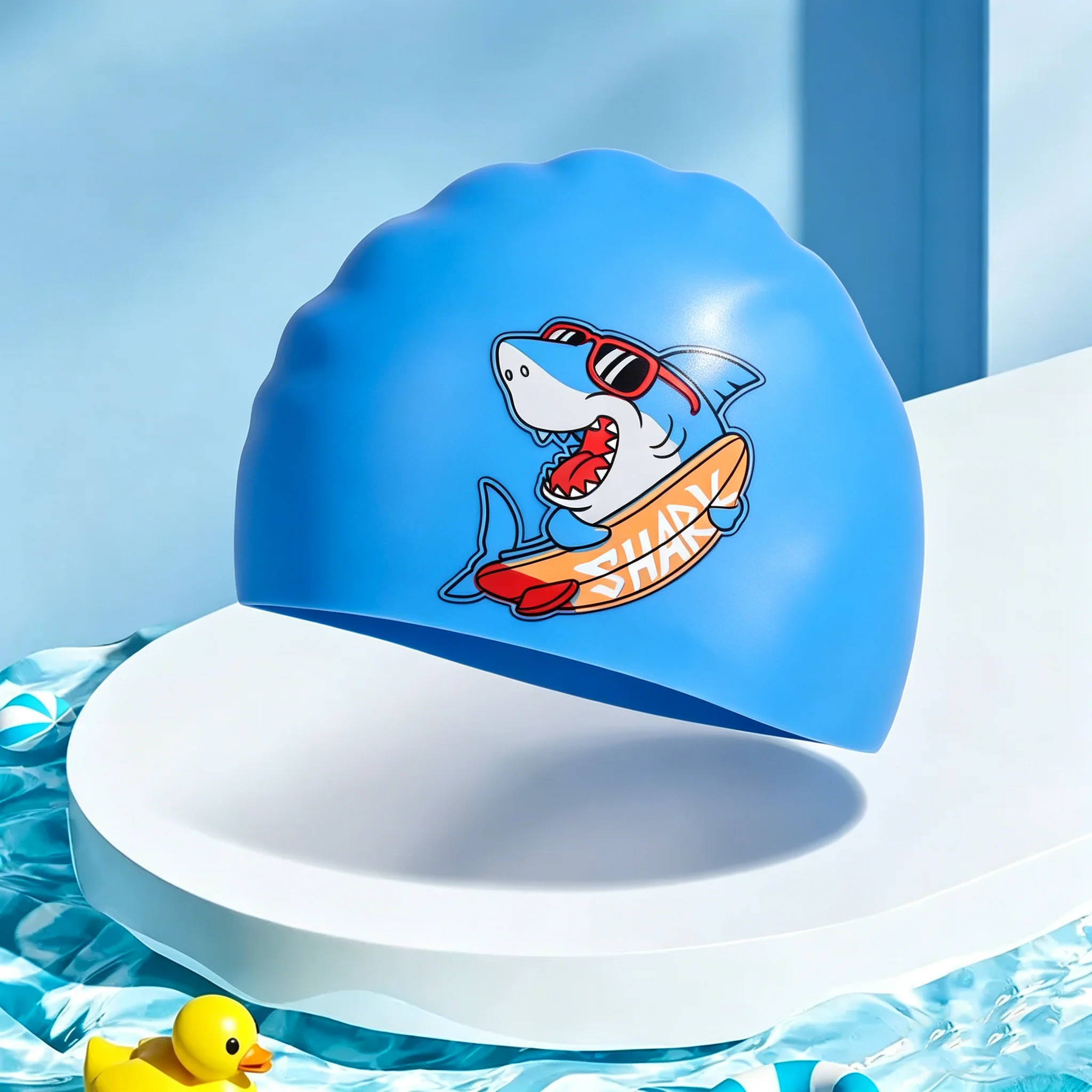 Kinder-Badekappe, niedliche Cartoon-Badekappe aus elastischem Silikon für Jungen und Mädchen, Schwimmausrüstung für langes Haar, wasserdichte Badekappe mit Ohrenschutz – Detail 3
