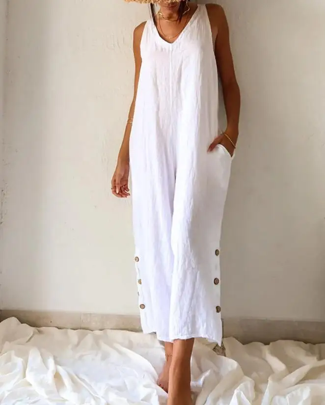 Dames Zomer Mode Casual Veelzijdige Effen Kleur Intellectuele Neutrale Comfortabele Zak Ontwerp V-Hals Casual Jumpsuit