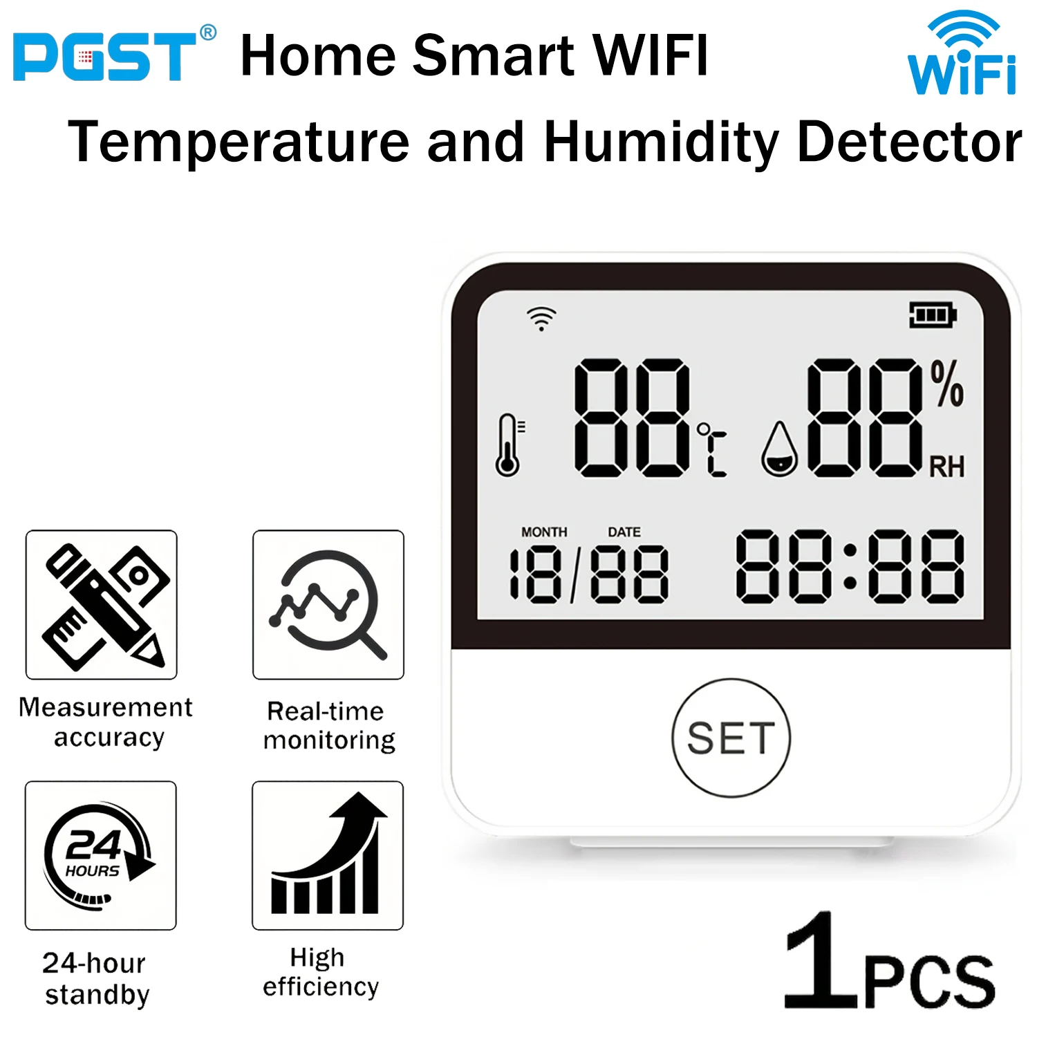 

PGST Home Smart WIFI Детектор температуры и влажности, Беспроводное соединение, Мониторинг в реальном времени, 24-часовой режим ожидания, для дома и т. д.